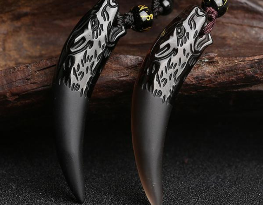 Natural Stone Black And Ice Obsidian Wolf Tooth Couple Necklace