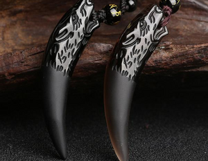 Natural Stone Black And Ice Obsidian Wolf Tooth Couple Necklace