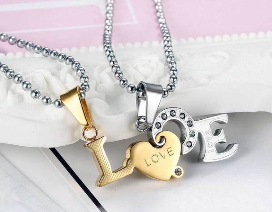 Gold and Silver LOVE Couple Necklace Set