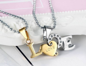 Gold and Silver LOVE Couple Necklace Set