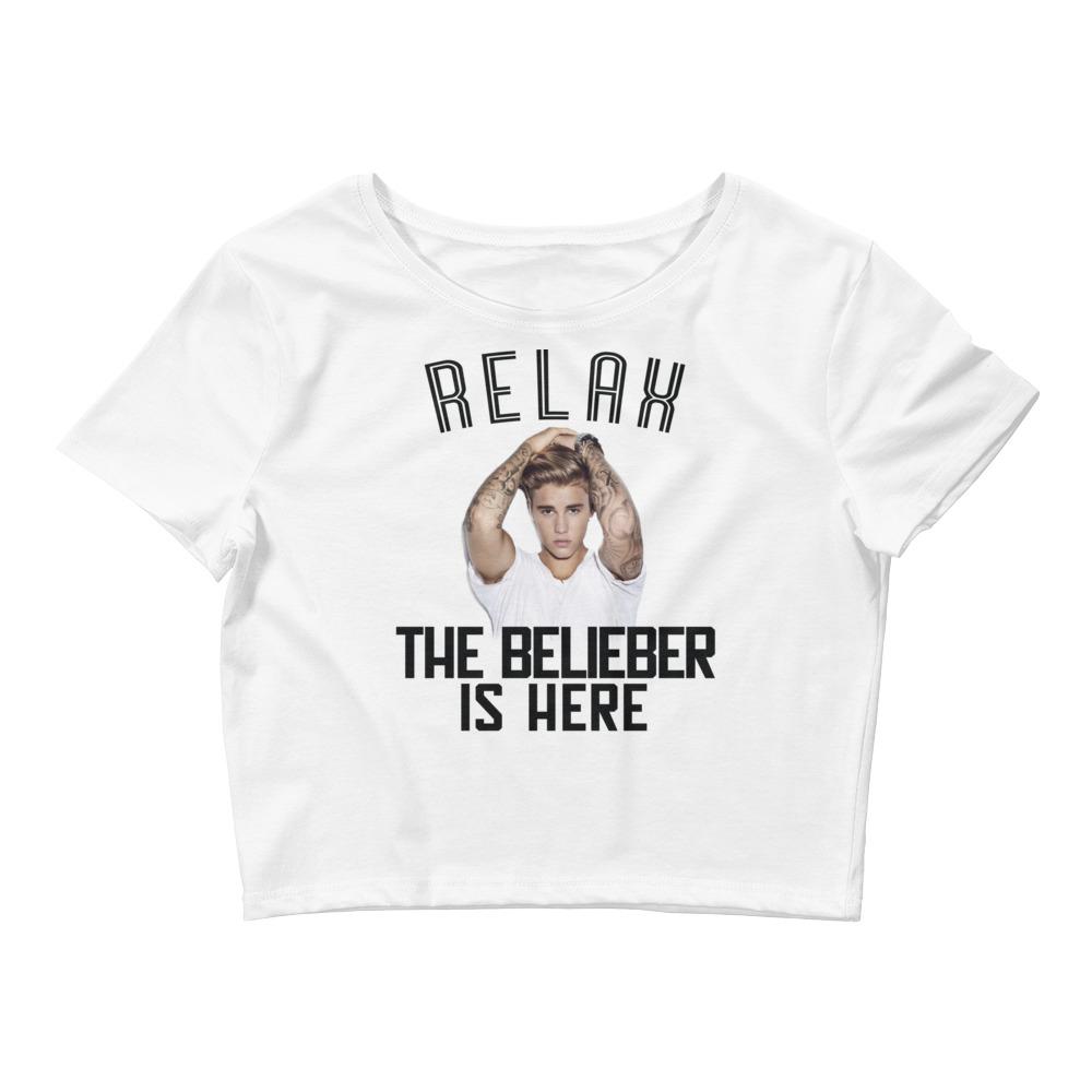 "RELAX, THE BELIEBER IS HERE" Justin Bieber Fan Women’s Crop Tee