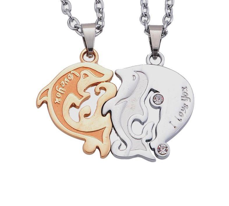 I Love U Dolphin Heart Couple Necklace