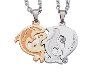 I Love U Dolphin Heart Couple Necklace