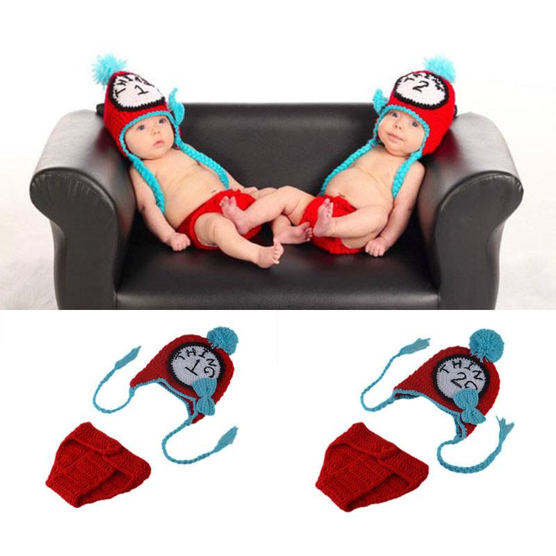 Twin Clothes Unisex Newborn Baby TWINS Photography Props Crochet Baby Earflap Hat & Diaper Set Knitted