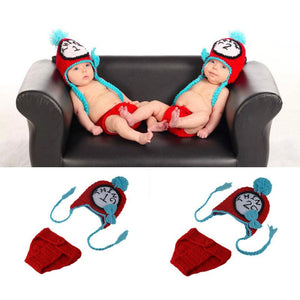 Twin Clothes Unisex Newborn Baby TWINS Photography Props Crochet Baby Earflap Hat & Diaper Set Knitted