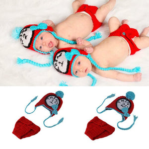 Twin Clothes Unisex Newborn Baby TWINS Photography Props Crochet Baby Earflap Hat & Diaper Set Knitted