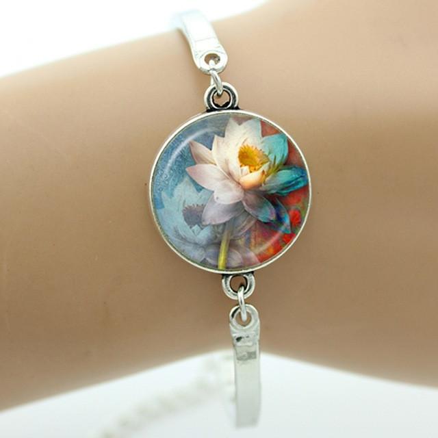 Fashion cartoon movie Prince and princess style beauty and the beast jewelry Glass Cabochon Lotus Flower women bracelet B243