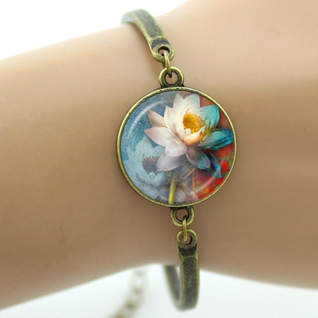 Fashion cartoon movie Prince and princess style beauty and the beast jewelry Glass Cabochon Lotus Flower women bracelet B243