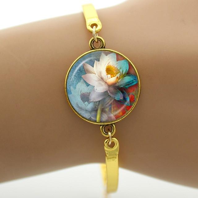 Fashion cartoon movie Prince and princess style beauty and the beast jewelry Glass Cabochon Lotus Flower women bracelet B243