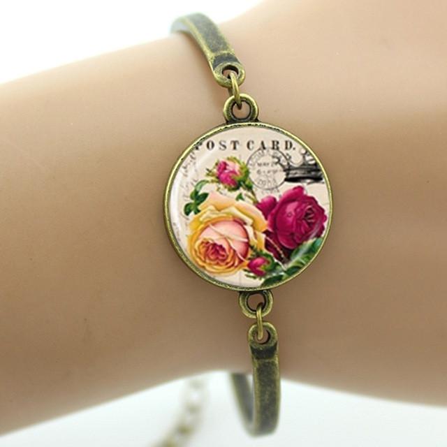 Fashion cartoon movie Prince and princess style beauty and the beast jewelry Glass Cabochon Lotus Flower women bracelet B243