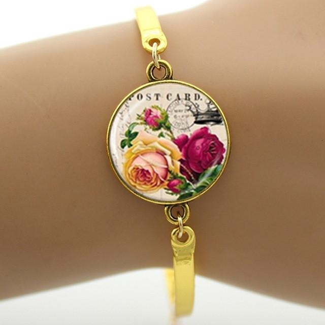 Fashion cartoon movie Prince and princess style beauty and the beast jewelry Glass Cabochon Lotus Flower women bracelet B243