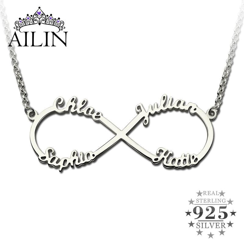 Personalized Infinity Necklace with Names Silver Infinity  Pendant 4 names Brand Necklace Endless Love Valentine's Day Gift