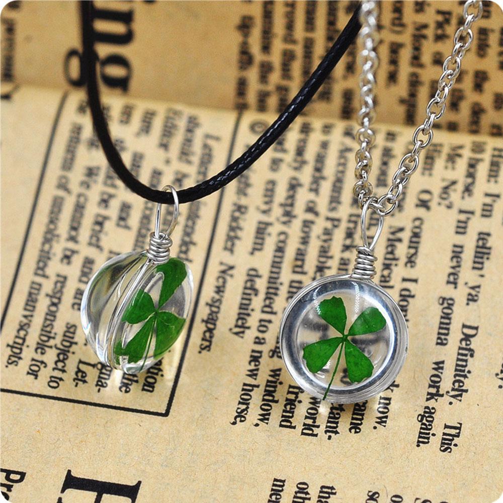 Green Lucky Four Leaf Clover Round Pendant Couple Necklace