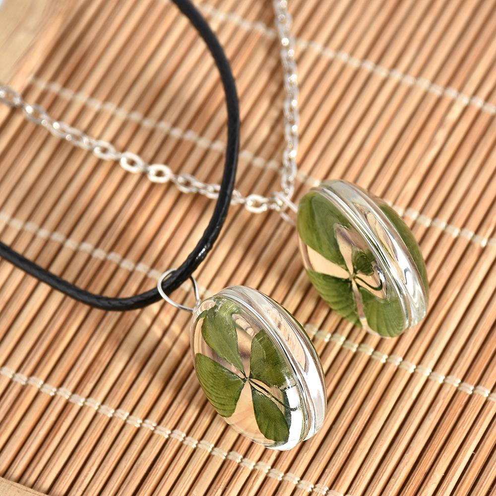 Green Lucky Four Leaf Clover Round Pendant Couple Necklace