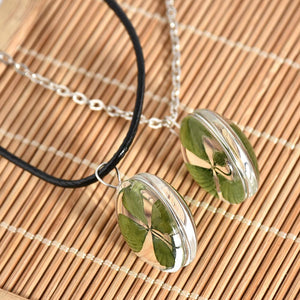 Green Lucky Four Leaf Clover Round Pendant Couple Necklace