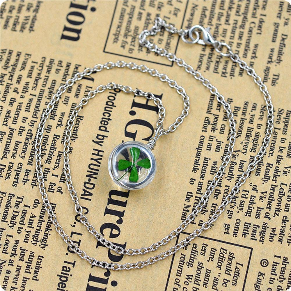 Green Lucky Four Leaf Clover Round Pendant Couple Necklace