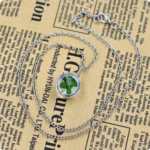 Green Lucky Four Leaf Clover Round Pendant Couple Necklace