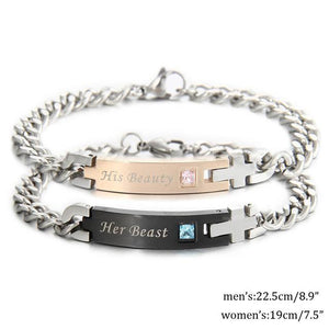 Couple Bracelet 'Her King His Queen' / 'Her Beast His Beauty' Stainless Steel Chain Cross Link Bracelet