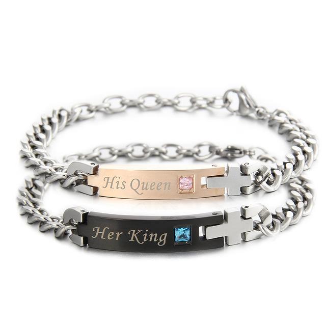 Couple Bracelet 'Her King His Queen' / 'Her Beast His Beauty' Stainless Steel Chain Cross Link Bracelet