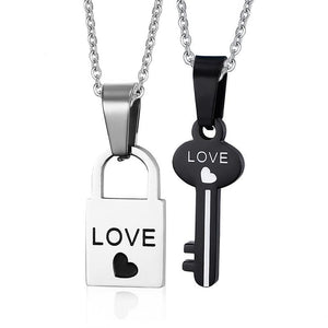 Love Heart Lock and Key Couple Necklace