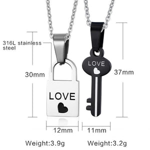 Love Heart Lock and Key Couple Necklace