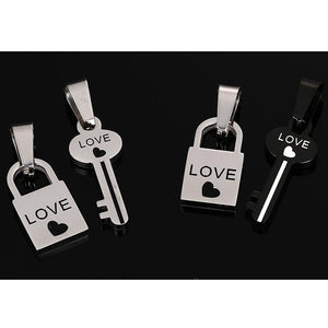 Love Heart Lock and Key Couple Necklace