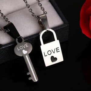 Love Heart Lock and Key Couple Necklace