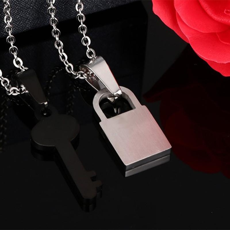 Love Heart Lock and Key Couple Necklace