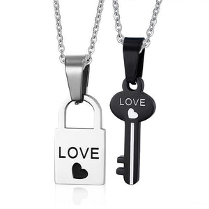 Love Heart Lock and Key Couple Necklace