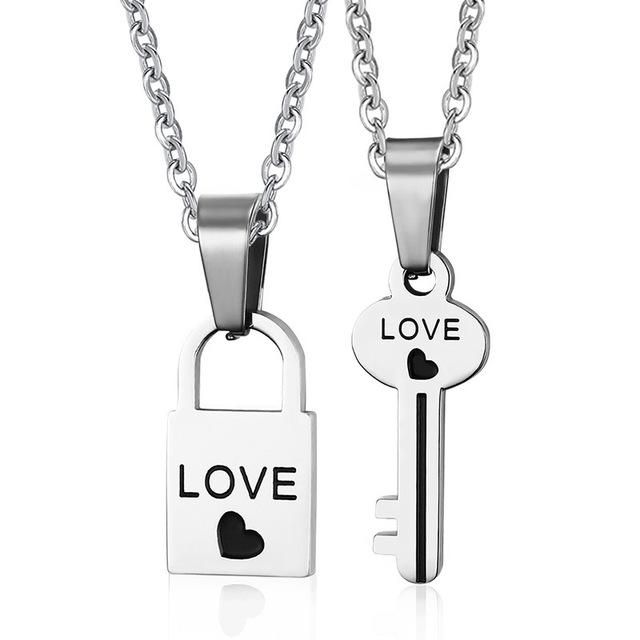 Love Heart Lock and Key Couple Necklace