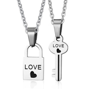 Love Heart Lock and Key Couple Necklace
