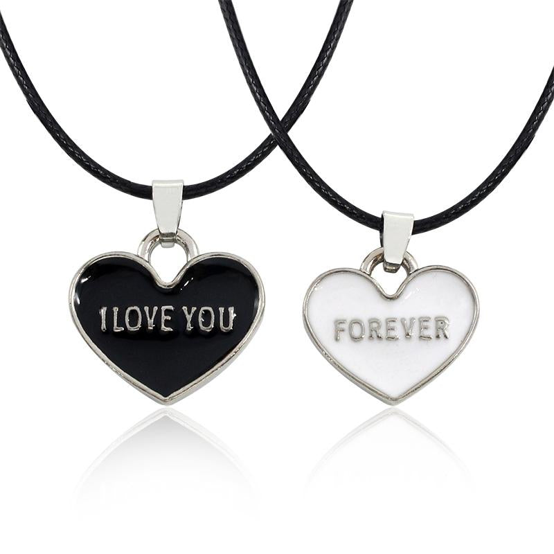 I Love You Forever Black and White Heart Couple Necklace