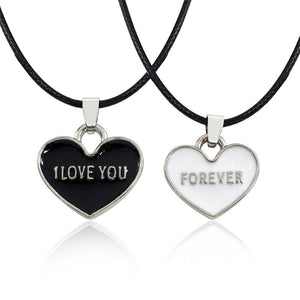 I Love You Forever Black and White Heart Couple Necklace