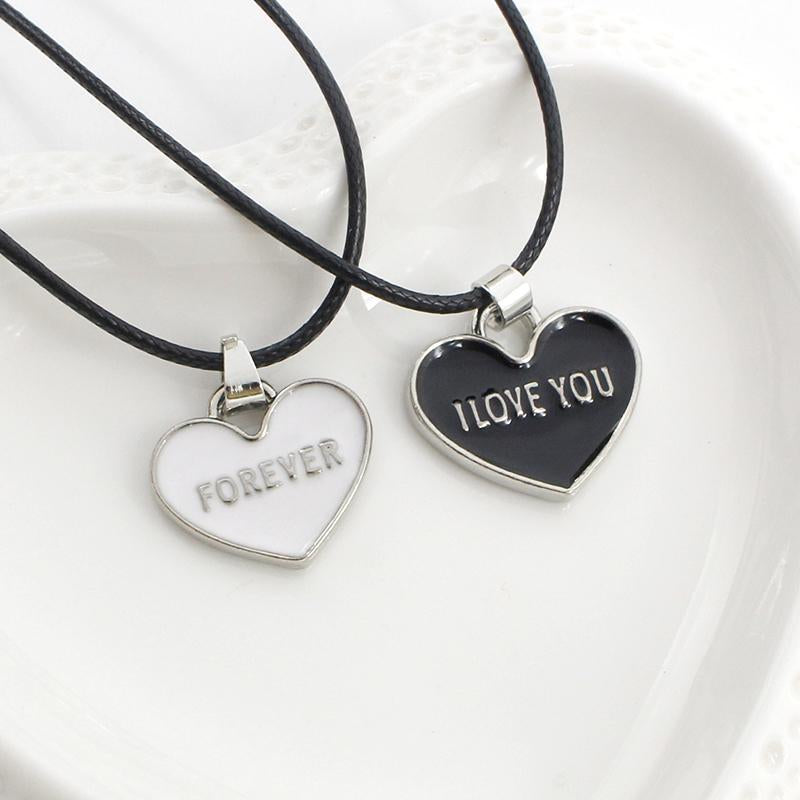 I Love You Forever Black and White Heart Couple Necklace