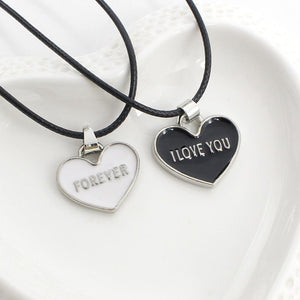 I Love You Forever Black and White Heart Couple Necklace