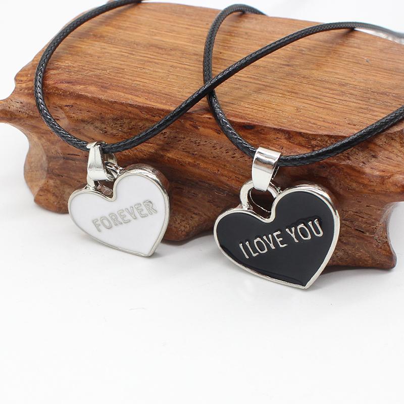 I Love You Forever Black and White Heart Couple Necklace