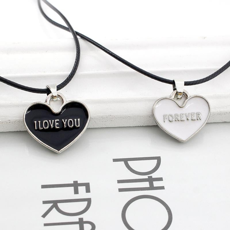 I Love You Forever Black and White Heart Couple Necklace