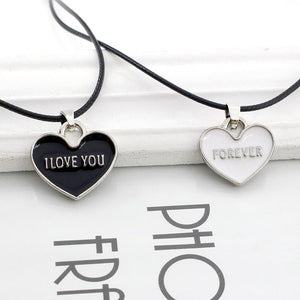 I Love You Forever Black and White Heart Couple Necklace