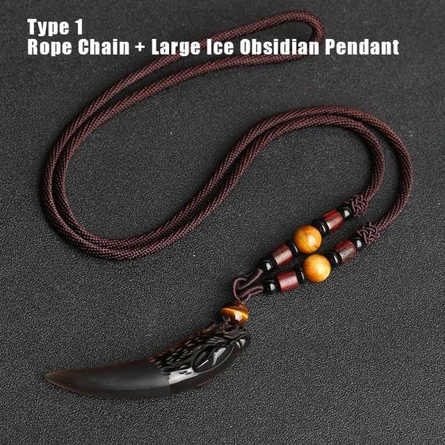Natural Stone Black And Ice Obsidian Wolf Tooth Couple Necklace
