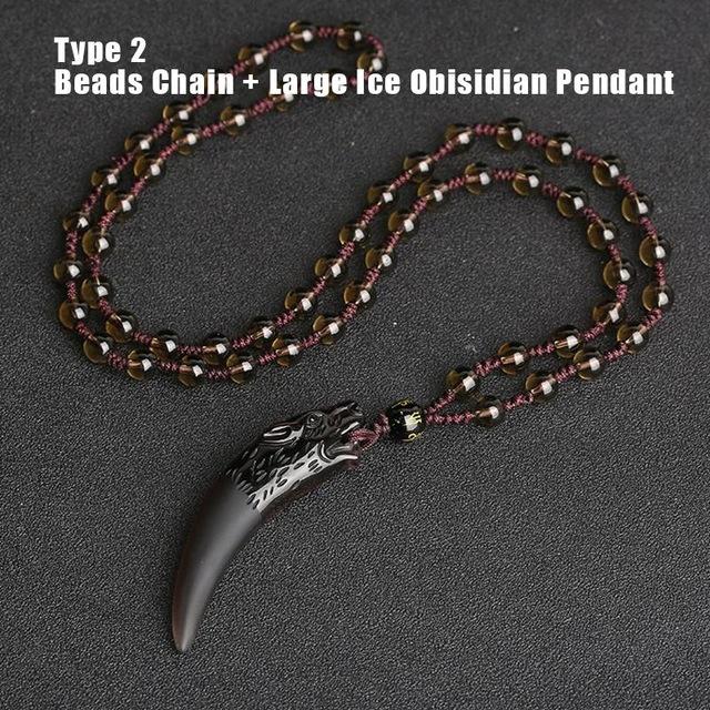 Natural Stone Black And Ice Obsidian Wolf Tooth Couple Necklace