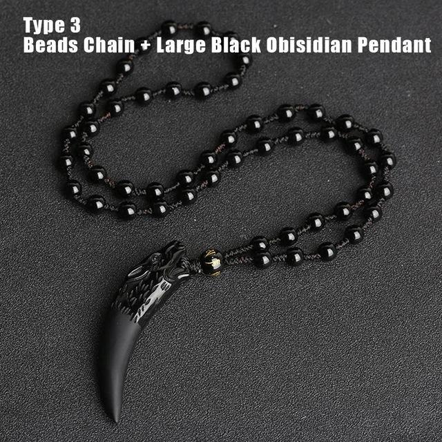 Natural Stone Black And Ice Obsidian Wolf Tooth Couple Necklace