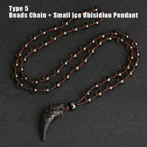 Natural Stone Black And Ice Obsidian Wolf Tooth Couple Necklace