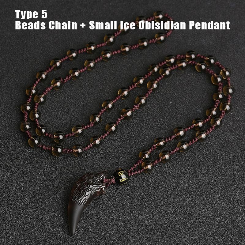 Natural Stone Black And Ice Obsidian Wolf Tooth Couple Necklace
