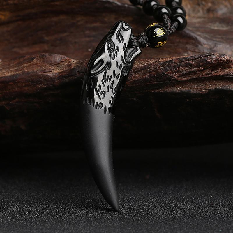 Natural Stone Black And Ice Obsidian Wolf Tooth Couple Necklace