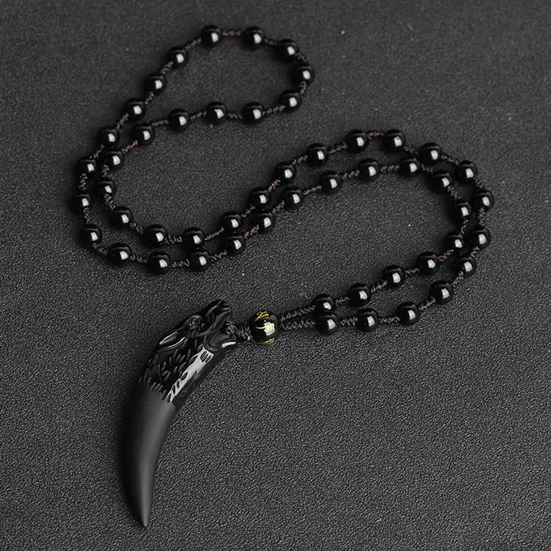 Natural Stone Black And Ice Obsidian Wolf Tooth Couple Necklace