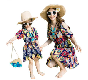 Bohemian Off shoulder Mom and Daughter Family Matching Clothes