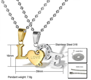 Gold and Silver LOVE Couple Necklace Set