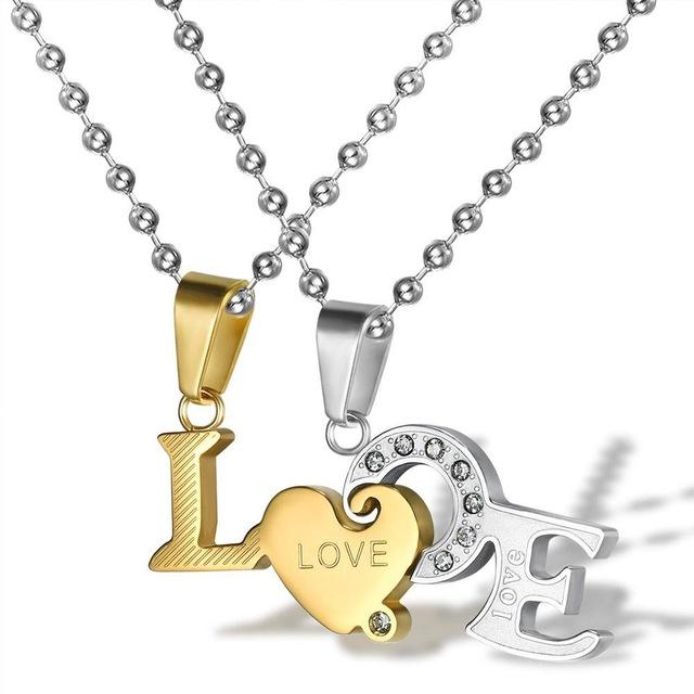 Gold and Silver LOVE Couple Necklace Set