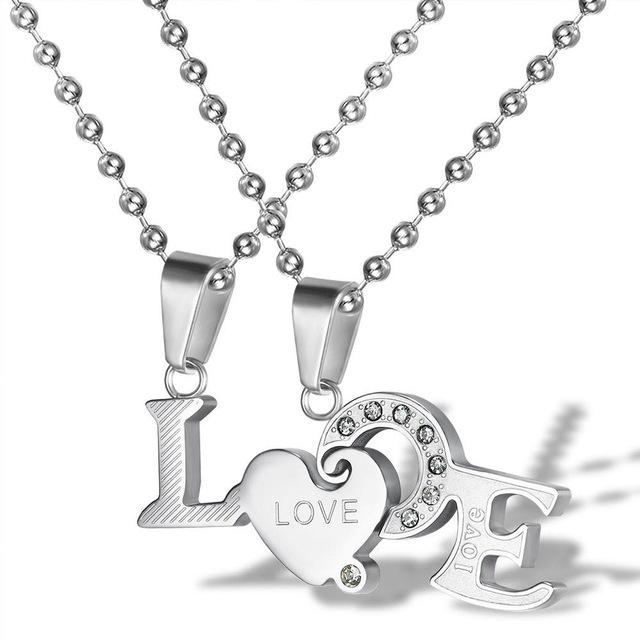Gold and Silver LOVE Couple Necklace Set