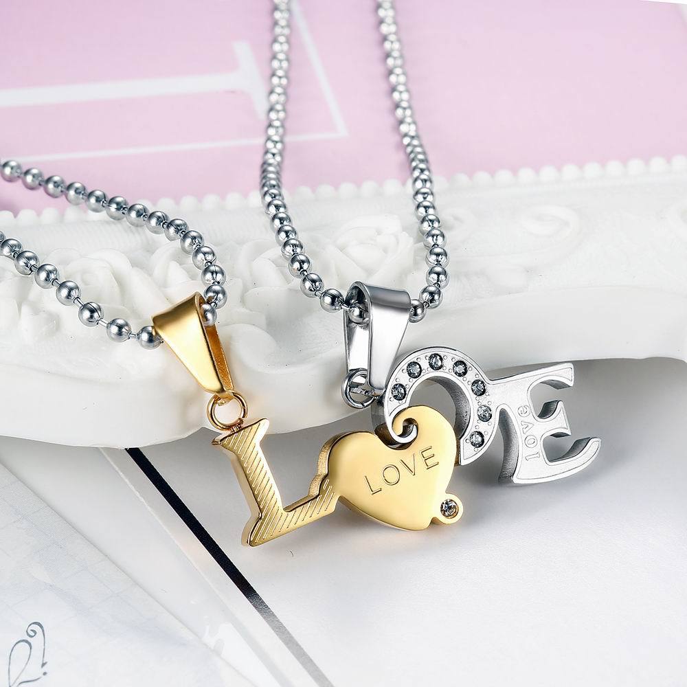 Gold and Silver LOVE Couple Necklace Set